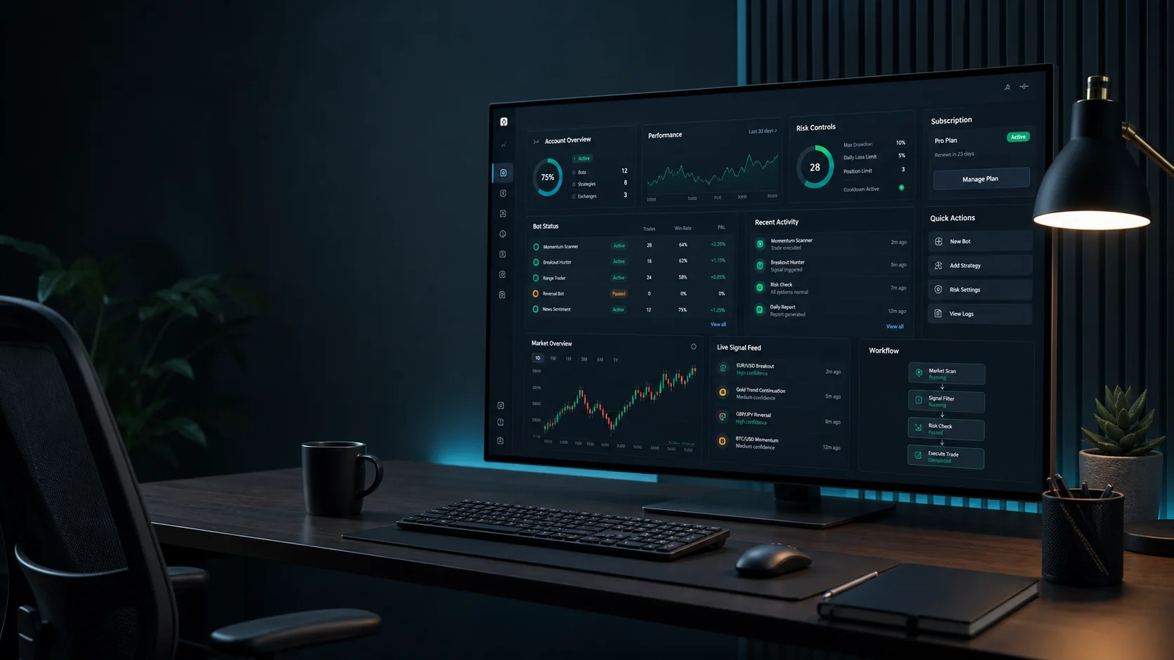 Professional desktop trading automation workstation showing analytics panels and risk controls